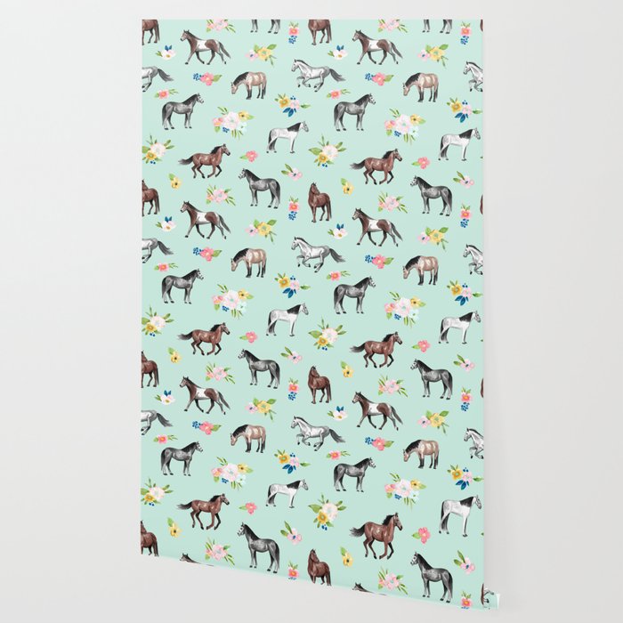 Horses and Small Flowers, Mint Blue, Horse Decor, Floral Print, Horse Art Wallpaper Gallery Image 2