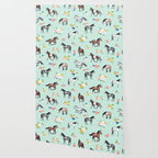 Horses and Small Flowers, Mint Blue, Horse Decor, Floral Print, Horse Art Wallpaper Gallery Image 2