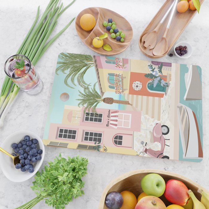 Retro Meditarranean coloful houses seascape Cutting Board Gallery Image 2