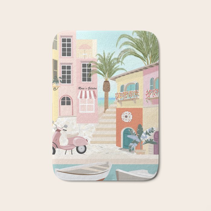 Retro Meditarranean coloful houses seascape Bath Mat Gallery Image 1