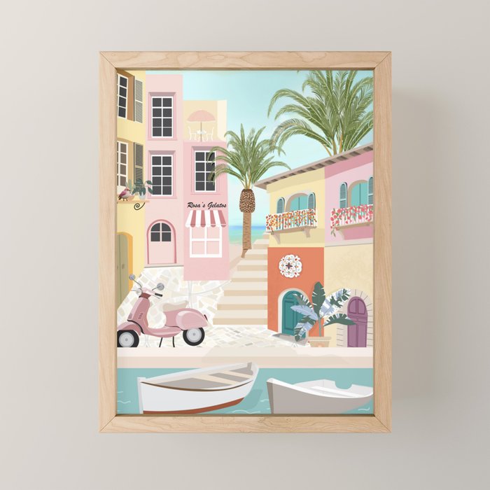 Retro Meditarranean coloful houses seascape Mini Art Print Gallery Image 1