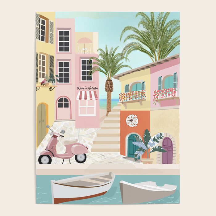Retro Meditarranean coloful houses seascape Poster Gallery Image 1