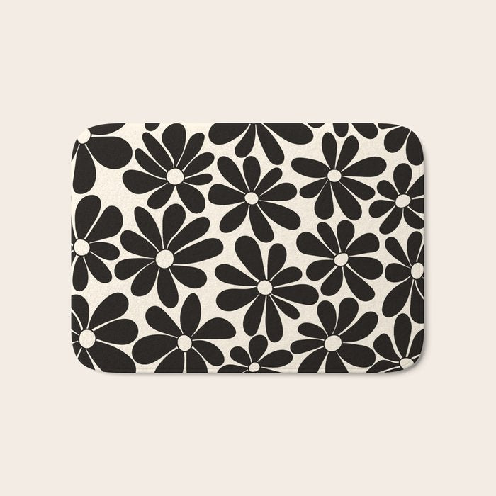 Retro Groovy Black & White Flowers Bath Mat Gallery Image 1