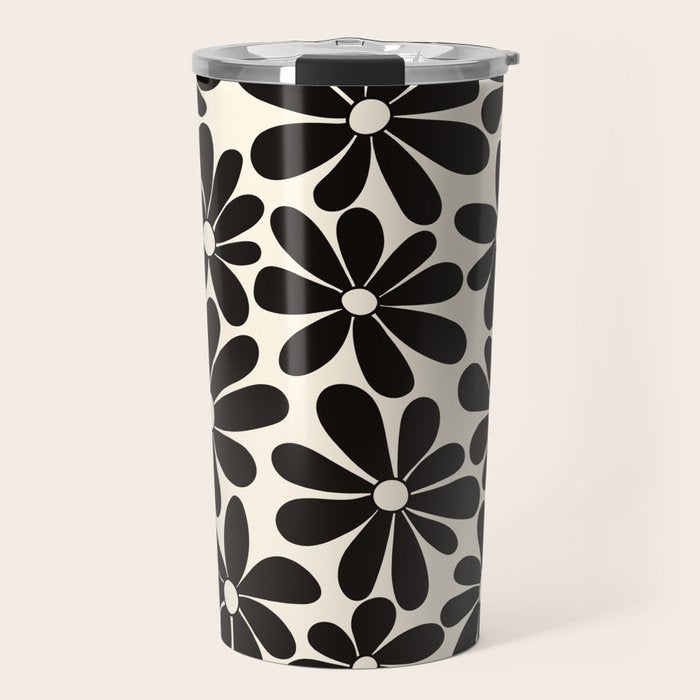 Retro Groovy Black & White Flowers Travel Mug Gallery Image 1