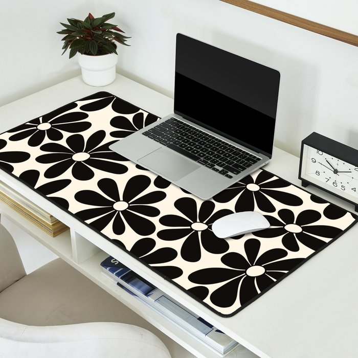 Retro Groovy Black & White Flowers Desk Mat Gallery Image 2