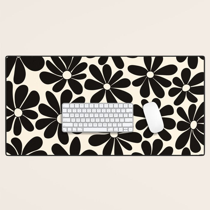 Retro Groovy Black & White Flowers Desk Mat Gallery Image 1