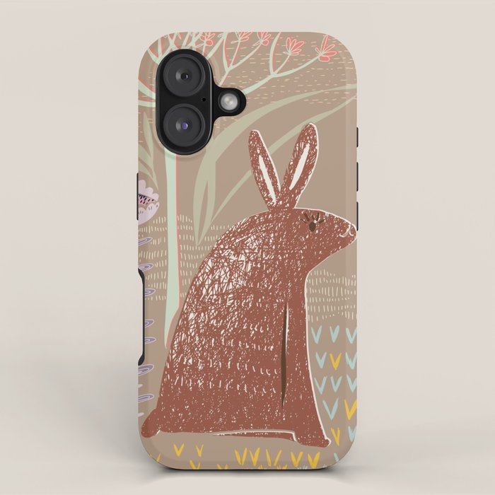 Block print brown bunny iPhone Case Gallery Image 1