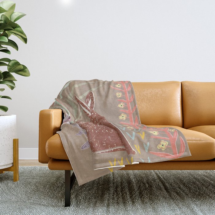 Block print brown bunny Throw Blanket Gallery Image 1