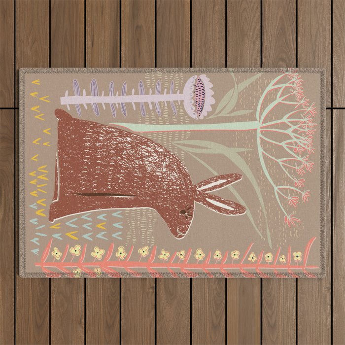 Block print brown bunny Outdoor Rug Gallery Image 1