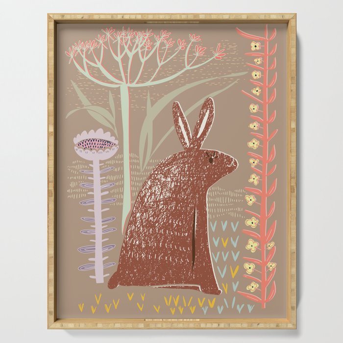 Block print brown bunny Serving Tray Gallery Image 1