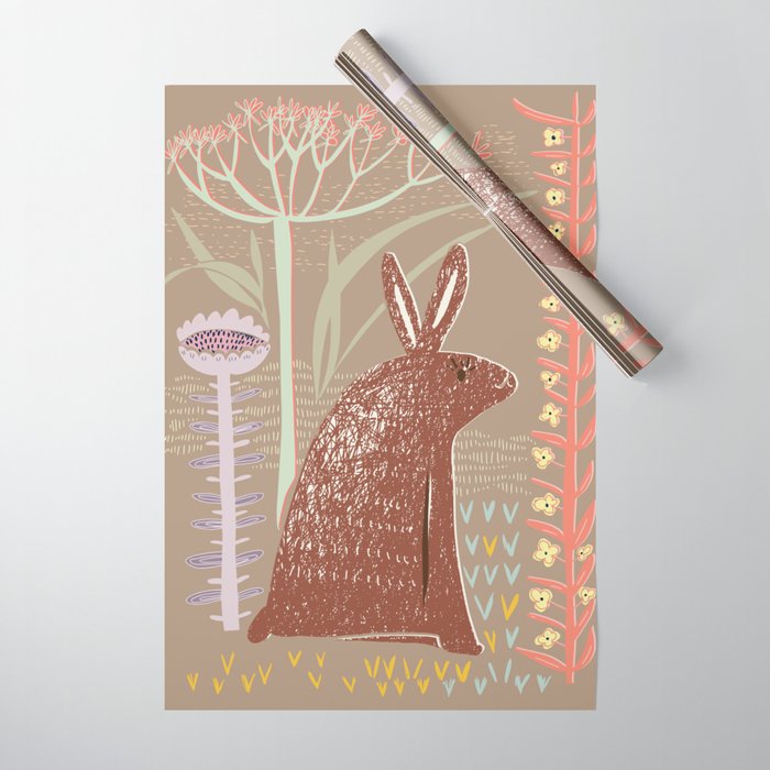 Block print brown bunny Wrapping Paper Gallery Image 1