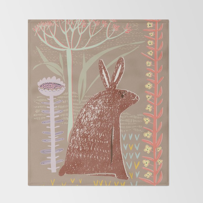 Block print brown bunny Throw Blanket Gallery Image 2