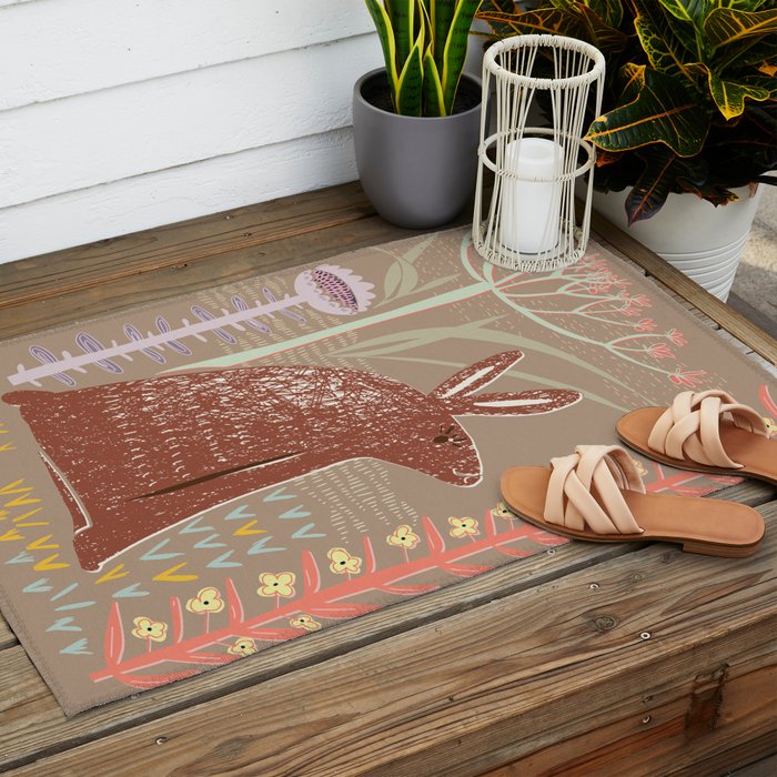 Block print brown bunny Outdoor Rug Gallery Image 2