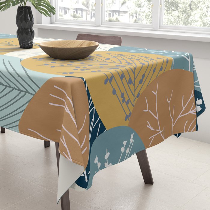 Forest Woodland Trees, Blue, Teal and Yellow, Floral Prints Tablecloth Gallery Image 3