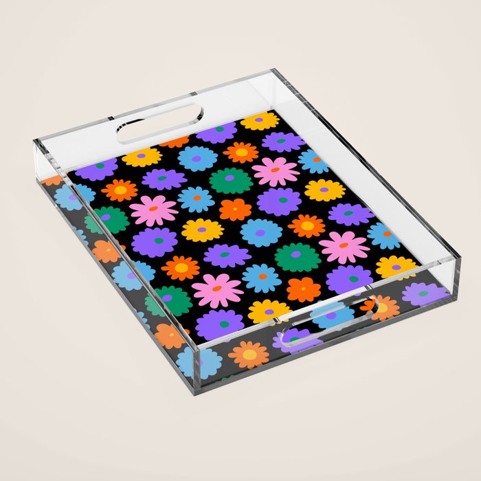Colorful retro flower art pattern Acrylic Tray Gallery Image 1