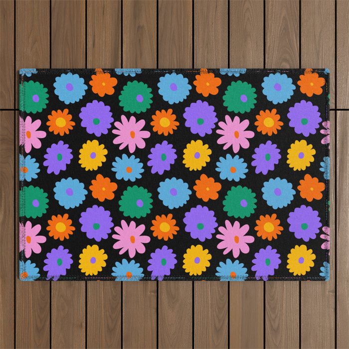 Colorful retro flower art pattern Outdoor Rug Gallery Image 1