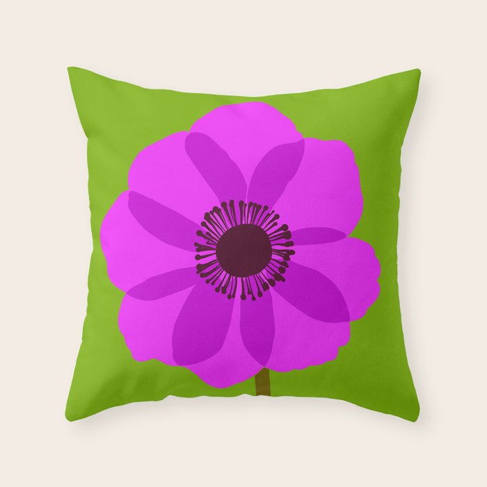 Spring Anemone pink green Throw Pillow Gallery Image 1