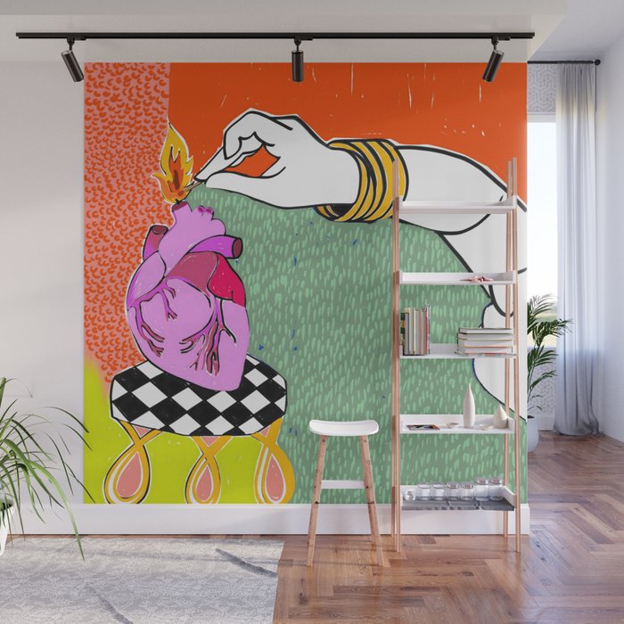 Set My Heart On Fire, Abstract Quirky Maximalist Eclectic, Maximalism Bold Pop of Color Painting, Illustration Pop Art Love  Wall Mural Gallery Image 1