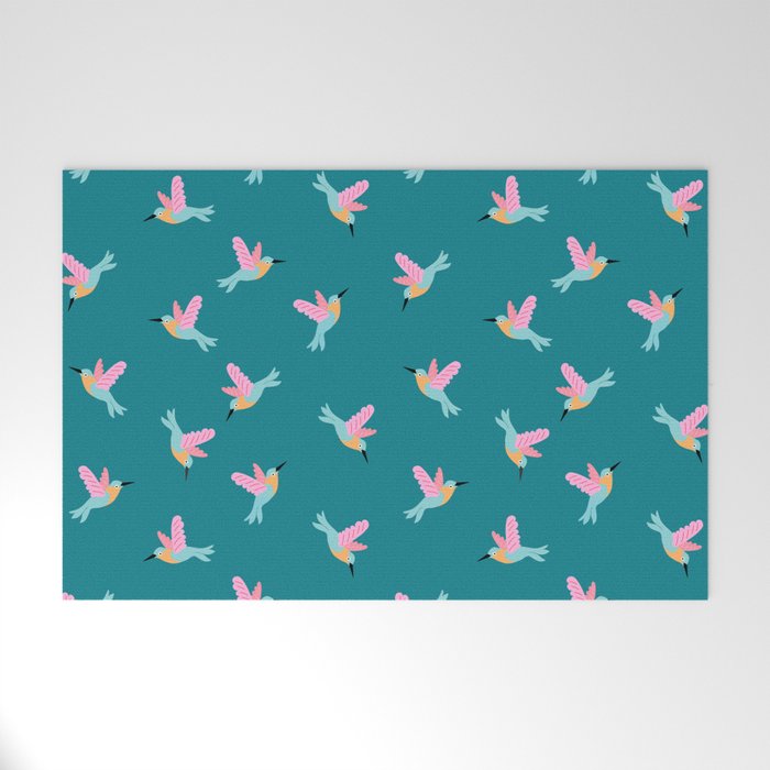 Happy Little Humming Birds on Dark Teal Welcome Mat Gallery Image 1