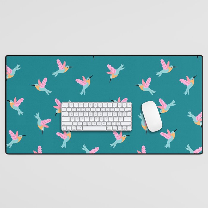 Happy Little Humming Birds on Dark Teal Desk Mat Gallery Image 1