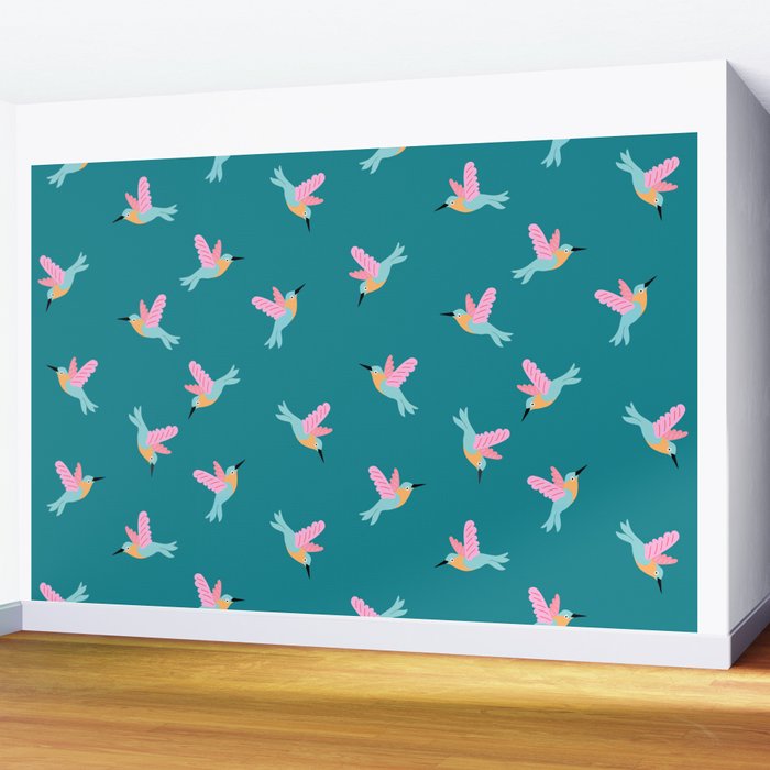 Happy Little Humming Birds on Dark Teal Wall Mural Gallery Image 2