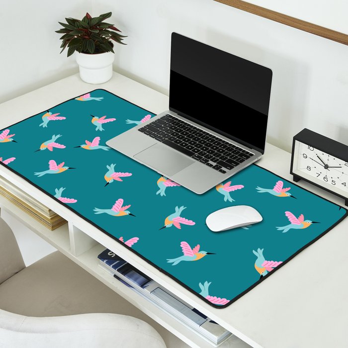 Happy Little Humming Birds on Dark Teal Desk Mat Gallery Image 2