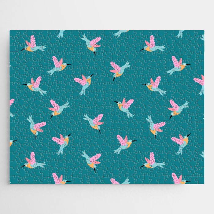 Happy Little Humming Birds on Dark Teal Jigsaw Puzzle Gallery Image 1