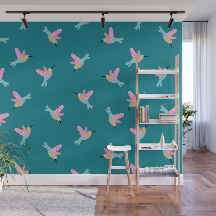 Happy Little Humming Birds on Dark Teal Wall Mural Gallery Image 1