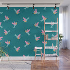 Happy Little Humming Birds on Dark Teal Wall Mural Gallery Image 1