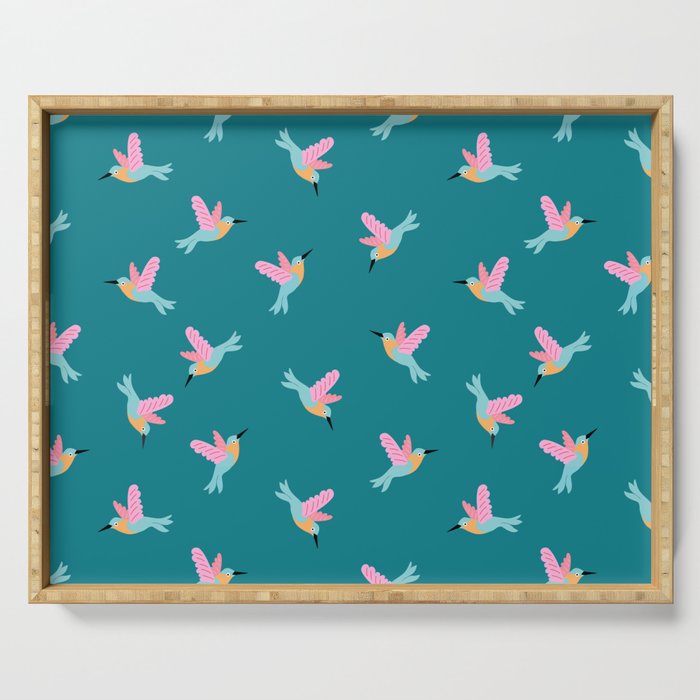 Happy Little Humming Birds on Dark Teal Serving Tray Gallery Image 1