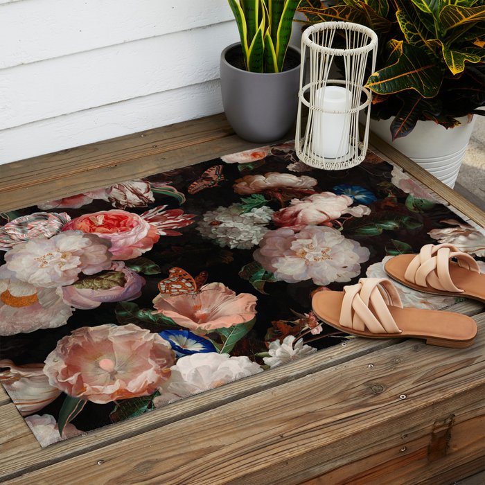 Baroque Flemish Rose Flowers Night Garden Outdoor Rug Gallery Image 2