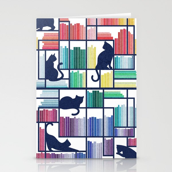 Rainbow bookshelf // white background navy blue shelf and library cats Stationery Card Gallery Image 1