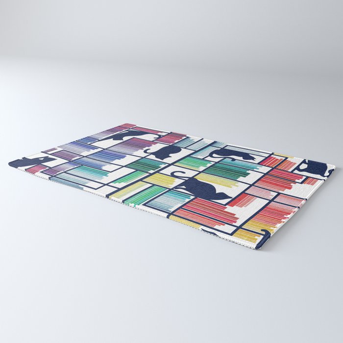 Rainbow bookshelf // white background navy blue shelf and library cats Rug Gallery Image 3