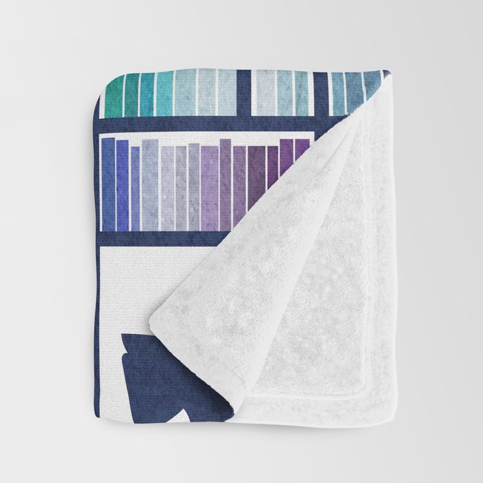 Rainbow bookshelf // white background navy blue shelf and library cats Throw Blanket Gallery Image 3