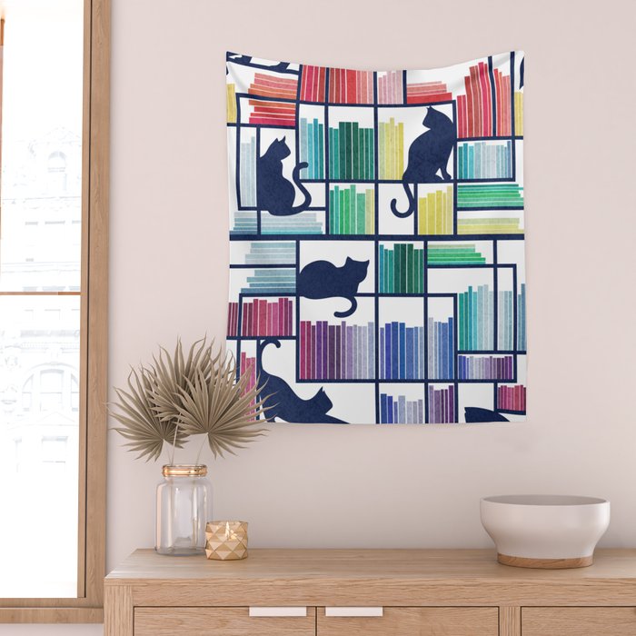 Rainbow bookshelf // white background navy blue shelf and library cats Wall Tapestry Gallery Image 2