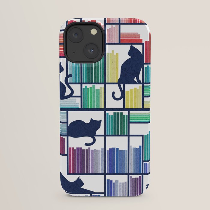 Rainbow bookshelf // white background navy blue shelf and library cats iPhone Case Gallery Image 29