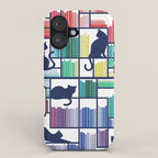 Rainbow bookshelf // white background navy blue shelf and library cats iPhone Case Gallery Image 1