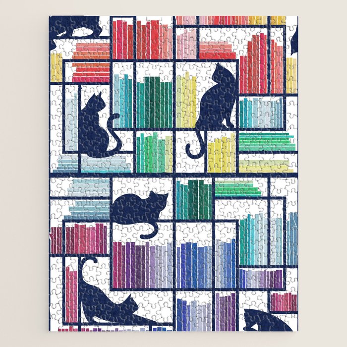 Rainbow bookshelf // white background navy blue shelf and library cats Jigsaw Puzzle Gallery Image 1