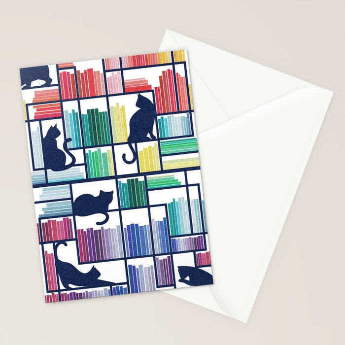 Rainbow bookshelf // white background navy blue shelf and library cats Stationery Card Gallery Image 2
