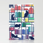 Rainbow bookshelf // white background navy blue shelf and library cats Stationery Card Gallery Image 2