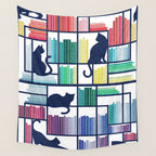 Rainbow bookshelf // white background navy blue shelf and library cats Wall Tapestry Gallery Image 4