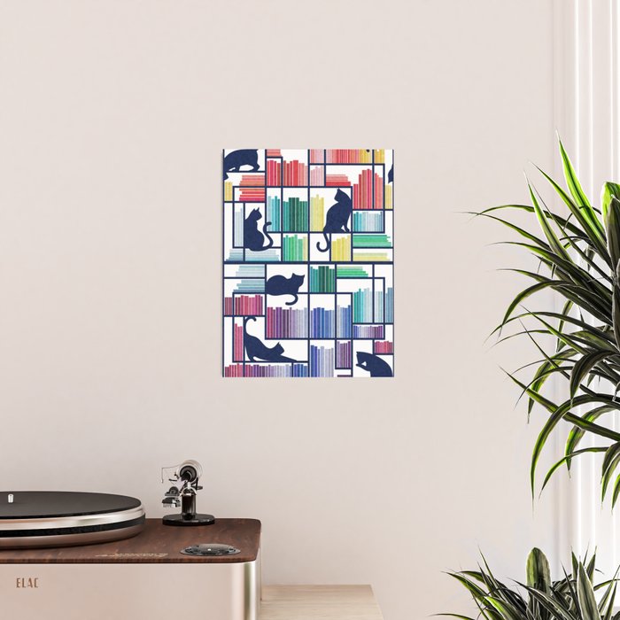 Rainbow bookshelf // white background navy blue shelf and library cats Poster Gallery Image 2
