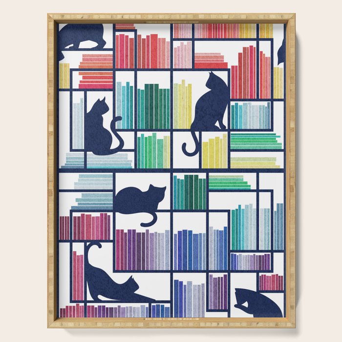 Rainbow bookshelf // white background navy blue shelf and library cats Serving Tray Gallery Image 1