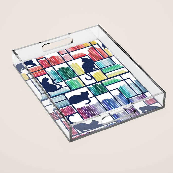 Rainbow bookshelf // white background navy blue shelf and library cats Acrylic Tray Gallery Image 1