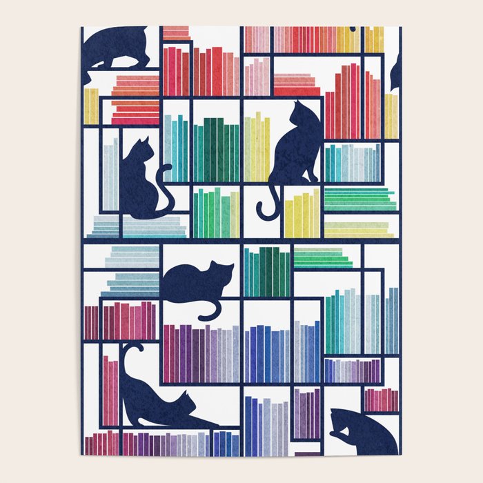 Rainbow bookshelf // white background navy blue shelf and library cats Poster Gallery Image 1