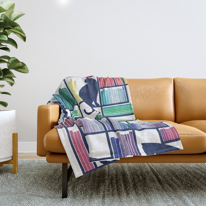 Rainbow bookshelf // white background navy blue shelf and library cats Throw Blanket Gallery Image 1