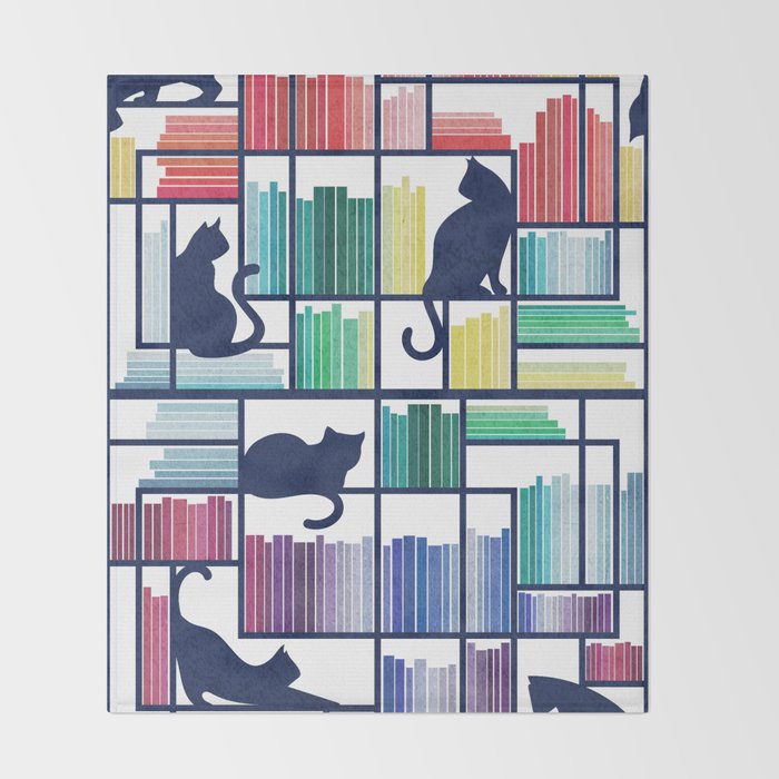 Rainbow bookshelf // white background navy blue shelf and library cats Throw Blanket Gallery Image 2