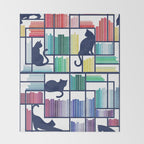 Rainbow bookshelf // white background navy blue shelf and library cats Throw Blanket Gallery Image 2