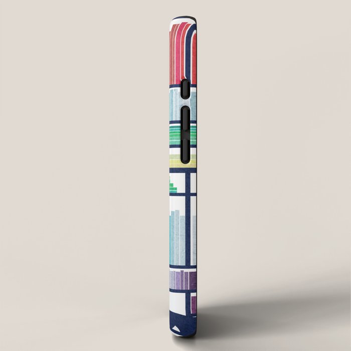 Rainbow bookshelf // white background navy blue shelf and library cats iPhone Case Gallery Image 2