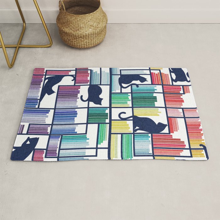 Rainbow bookshelf // white background navy blue shelf and library cats Rug Gallery Image 1